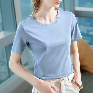 Camiseta de algodón de manga corta para mujer, estilo 2026, color liso, cuello redondo, con cintura fruncida sencilla - Product Image 4