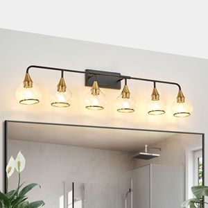 Applique da Bagno Moderna a 6 Luci da 48 Pollici, Nero e Oro, con Paralumi in Vetro Trasparente, Illuminazione Industriale a Parete - Product Image 4
