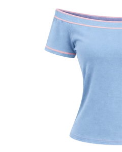 Camiseta Naranja para Mujer, con Hombros Descubiertos, Ribete de Rayas en Contraste, Manga Corta, Corte Ajustado, Informal, Verano, Fabricante OEM Personalizado - Product Image 3