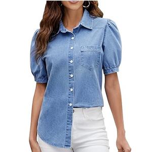 Camisas de mezclilla transpirables para mujer, ropa de otoño, camisas casuales para mujer con etiqueta, diseño y talla personalizados, camisa de mezclilla tipo jeans. - Product Image 6