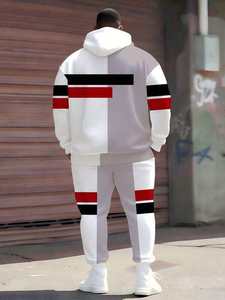 Ensemble survêtement homme blanc, gris, noir et rouge à motifs géométriques, pull à capuche et pantalon assorti, vente en gros OEM ODM - Product Image 3