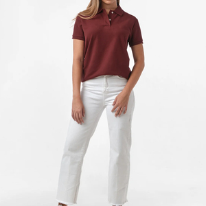Polo pour femme bordeaux à manches courtes, couleur unie, décontracté, en coton Oxford, longueur standard, tissé – Chemises polo pour femme en promotion - Product Image 2