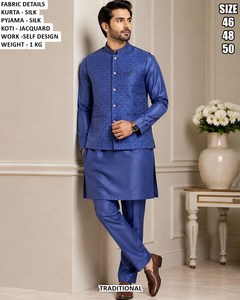 Zayaan Festive Wedding Party Diwali Silk Traditional Floor-Length Regular Fit Quick Dry <b>Men's</b> <b>Kurta</b> - Product Image 6