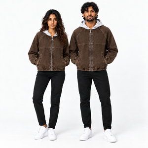 Blouson bomber unisexe en velours côtelé à capuche avec fermeture éclair, couleur unie, style décontracté, saison automne, coupe classique, doublure en coton - Product Image 1