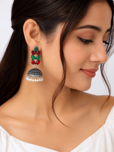 Indian Jhumka Oxidized <b>Silver</b> Multi Color Gemstone <b>Dangle</b> <b>Earrings</b> for Women Wholesale Supplier - Product Image 2