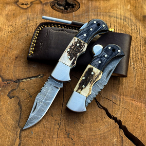 High Quality Best Seller Damascus Steel Folding Knife ELK Horn Handle Hunting Knife EDC OEM Folding Pocket Knife with Pouch - Product Image 1