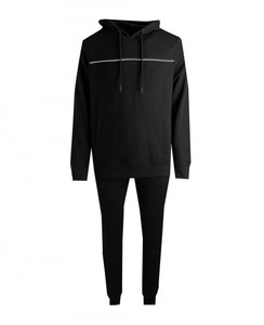 Survêtement à capuche noir pour homme, manches longues, couleur unie, vêtement décontracté, respirant, polyester, coupe classique, avec poches latérales - Product Image 1