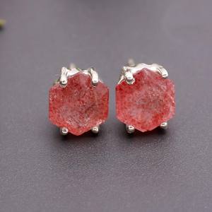 Boucles d'oreilles clous hexagonales en quartz fraise naturel, argent sterling 925, certifiées IGI, faites à la main, vintage, pierres précieuses, pour anniversaire et fête - Product Image 1