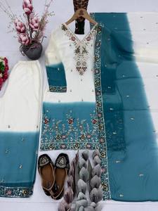 White & Teal Ombre Embroidered <b>Kurti</b> Palazzo Set with Dupatta – Designer Ethnic Party Wear Salwar Suit for Women - Product Image 3