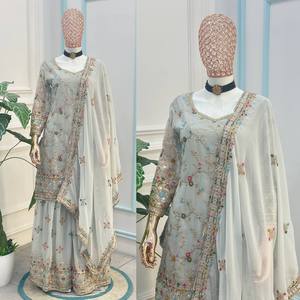 Elegante conjunto de kurti y sharara de georgette sintético con bordado zari y lentejuelas, traje étnico festivo para mujer. - Product Image 5