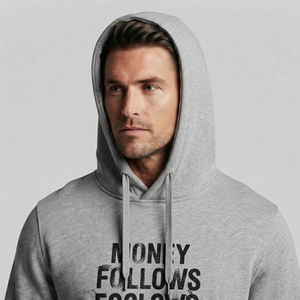 เสื้อสเวตเชิ้ตมีฮู้ดสีเทาสำหรับผู้ชาย พิมพ์ลาย Money Follows Discipline ผ้าฟลีซคอตตอน ใส่ได้ในฤดูใบไม้ร่วง - Product Image 5