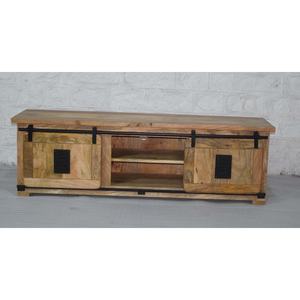 Meuble TV compact rustique en bois de manguier massif de style industriel 3 tiroirs 2 portes coulissantes réglables pour le rangement de meubles de maison - Product Image 4