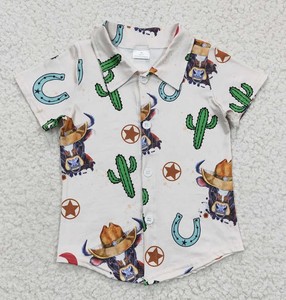 Chemise décontractée à manches courtes pour garçons, imprimé cactus aztèque occidental, col rabattu, motif géométrique, coupe régulière - Product Image 2