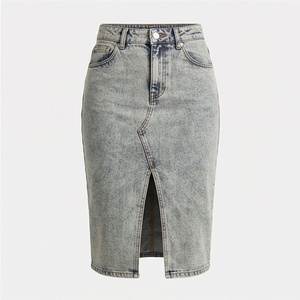 High Waist Women Denim Pencil Skirt Knee-Length Solid Color With Front Slit All Seasons Style - Product Image 1
