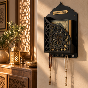 Soporte de pared para el Corán de madera negra hecho a mano con tallado geométrico islámico, venta al por mayor OEM ODM - Product Image 5