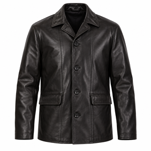 <b>Men's</b> Genuine Leather Jacket Turn Down Collar Single Breasted <b>Coat</b> Solid <b>Black</b> Casual <b>Long</b> Sleeve Outerwear - Product Image 2