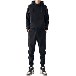 Unisex Black Hooded Sweatshirt And Joggers Set Solid Color Casual Tracksuit Full Sleeve Drawstring <b>Pants</b> Autumn Wear - Product Image 2