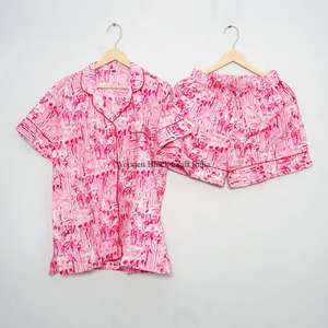 Hermoso y elegante conjunto de pijama corto de algodón hecho a mano en India, con estampado digital vintage, suave, para dormir, para mujer, primavera-verano - Product Image 2