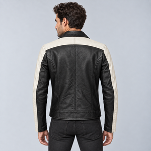 <b>Men</b>’s Black & White <b>Genuine</b> <b>Leather</b> Biker <b>Jacket</b> with Asymmetrical Zip, Contrast Sleeves and Zipper Pockets - Product Image 5