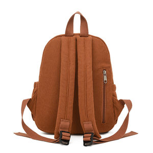 Sac à dos décontracté minimaliste en velours côtelé marron, sac d'école quotidien, sac à dos vintage avec poche avant et tirettes de fermeture éclair tressées - Product Image 4