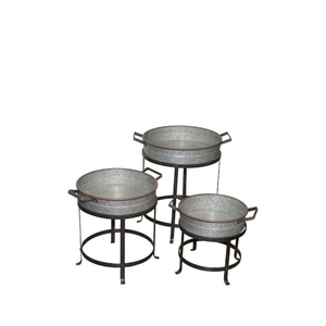 Jardinière ronde en métal galvanisé avec supports en fer noir, style ferme, pour intérieur, extérieur, événements de jardin, décoration de la maison, vente en gros - Product Image 1