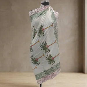 White Palm Tree Hand Block Printed Cotton <b>Sarong</b> Scarf with Green Pink Border Lightweight Beach Wrap Stole for Women - Product Image 2