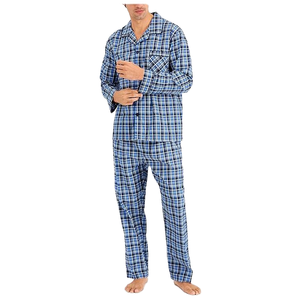 Pyjama d'été décontracté pour homme, respirant, confortable, anti-plis, écologique, ensemble 2 pièces à manches longues à carreaux bleus - Product Image 2