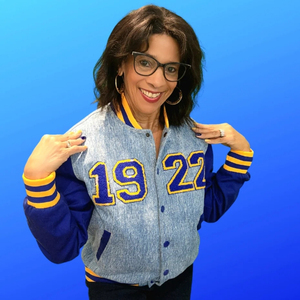 SGRho 1922 Light Blue <b>Denim</b> Bomber <b>Jacket</b> Royal Blue Sleeve Varsity Style Embroidered Crest Sorority College Casual Fashion - Product Image 2