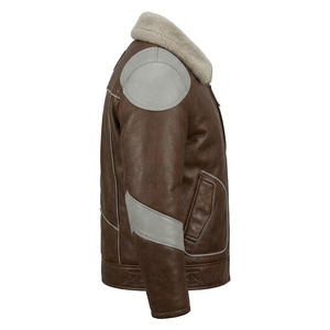 <b>Mens</b> Real Brown Grey Leather <b>Jacket</b> Shearling <b>Fur</b> Collar Contrast Shoulder Panel Quilted Flight Pilot Aviator Winter Outerwear - Product Image 3