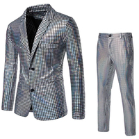 Ensemble de costume pour homme en tissu peigné brillant à paillettes, respirant, imperméable, coupe-vent, infroissable, avec logo personnalisé par estampage à chaud, idéal pour les soirées disco