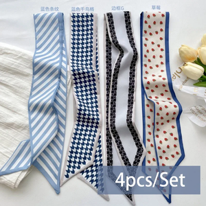 Lot de 4 foulards en satin de soie pour femme, bandeaux pour cheveux, accessoires de coiffure, foulards pour dames, rubans, attaches pour poignée de sac - Product Image 5