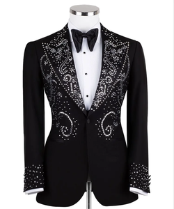 Traje de esmoquin negro bordado con pedrería para hombre – Blazer de diseñador de corte ajustado con detalles de cristal para novio y fiesta - Product Image 4
