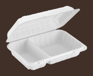 Contenedor tipo clamshell blanco de 9 pulgadas con bisagras y relleno mineral, 2 compartimentos, con pestañas frontales ventiladas. - Product Image 4