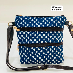 Indigo Leaf Motif Modern Soft Lightweight Vertical Crossbody Sling <b>Bag</b> with Double <b>Zip</b> Pocket Ethnic Womens Travel Shoulder <b>Bag</b> - Product Image 1