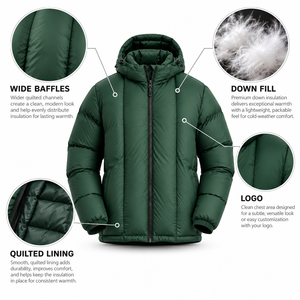 Vintage Quilted Design Men's Green Hooded Puffer Jacket Custom Thick Down <b>Winter</b> Warm Zip Up Windproof Casual <b>Coat</b> For Men - Product Image 6