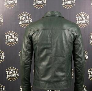 Veste moto en cuir véritable pour homme, vert foncé, col rabattu, fermeture éclair, coupe classique, pour l'automne - Product Image 3
