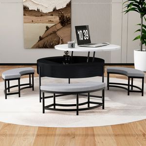 Tavolino da Caffè Moderno Rotondo con Piano Sollevabile e Contenitore, Bianco e Nero, 3 Pouf - Product Image 6