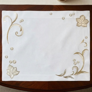 Custom Wholesale Handmade Luxury Traditional Embroidered Gold Leaves White 100% Linen Placemat Napkin Sets Washable Mats - Product Image 4