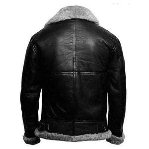 Veste en cuir d'aviateur pour homme en peau de mouton avec col en fourrure, ceinture ajustable à la taille, fermeture éclair robuste, bomber classique, chaud pour l'hiver - Product Image 2
