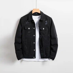 Custom Men's Distressed <b>Black</b> Denim <b>Jacket</b> - Premium Ripped <b>Jean</b> <b>Jacket</b> for Streetwear - High-Quality Wholesale Men's Outerwear - Product Image 3