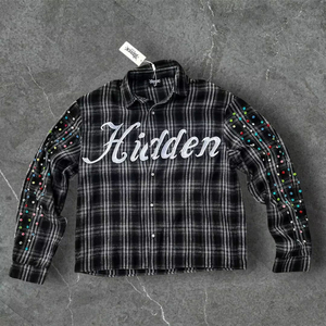 Camisas a Cuadros Personalizadas con Logotipo Bordado, Gemas, Piedras, Remaches y Botones, Camisa de Franela de Manga Larga de Algodón para Hombre - Product Image 3