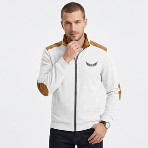 White Men's Sporty Long <b>Thin</b> Canvas Front Jacket with Brown Accents Stand Collar Zipper Embossed Logo Summer Wear - Product Image 6