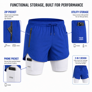 Shorts de course pour hommes personnalisables en gros, couleur bleu uni, taille mi-haute, cordon de serrage, séchage rapide, sportifs, avec logo sur les poches - Product Image 4