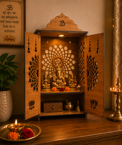 Mueble de Madera Artesanal para Pooja Hindú |   Templo Cortado con Láser con Diseño de Loto y Campana |   Caja de Oración para el Altar del Hogar |   35×20×60 cm - Product Image 1