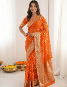 KV Traditional <b>Orange</b> Rayon Silk Georgette Woven <b>Saree</b> with Unstitched Blouse for Party - Product Image 1