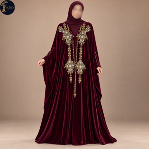 Tela de Terciopelo Borgoña con Bordado Floral de Cristales Dorados y Plateados |   Panel Frontal Textil con Cuentas Decorativas para Abaya y Vestido de Noche - Product Image 1
