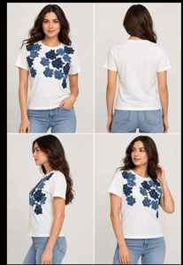 เสื้อยืดผ้าฝ้ายเจอร์ซีย์สีน้ำเงินลายดอกกุหลาบสำหรับผู้หญิง สไตล์ลำลองทันสมัย แขนสั้น แฟชั่นยอดนิยม กำลังขายดี - Product Image 4