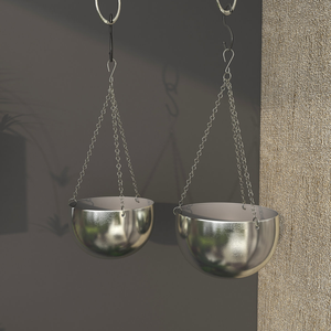Pots de fleurs suspendus en métal argenté avec chaînes |   Bols à fleurs suspendus en acier inoxydable moderne pour la décoration intérieure et extérieure - Product Image 1