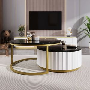 Tavolino da Caffè Moderno Rotondo con Cassetto, Nero e Oro Scanalato, 27,6 Pollici - Product Image 1
