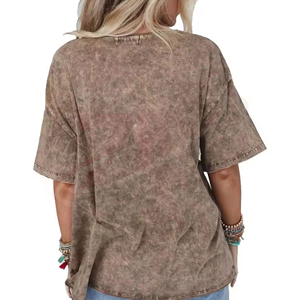 Camiseta de Manga Corta con Cuello en V para Mujer, 100% Algodón, Corte Holgado, Color Sólido Lavado, Estilo Bohemio con Bolsillo, para Primavera/Verano - Product Image 4